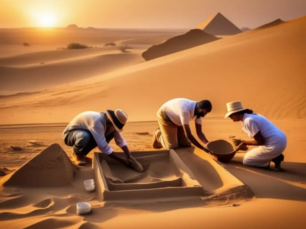 Enigma Pirámide Acodada Dahshur: Arqueólogos explorando las ruinas antiguas, desvelando tesoros ocultos en el cálido atardecer del desierto