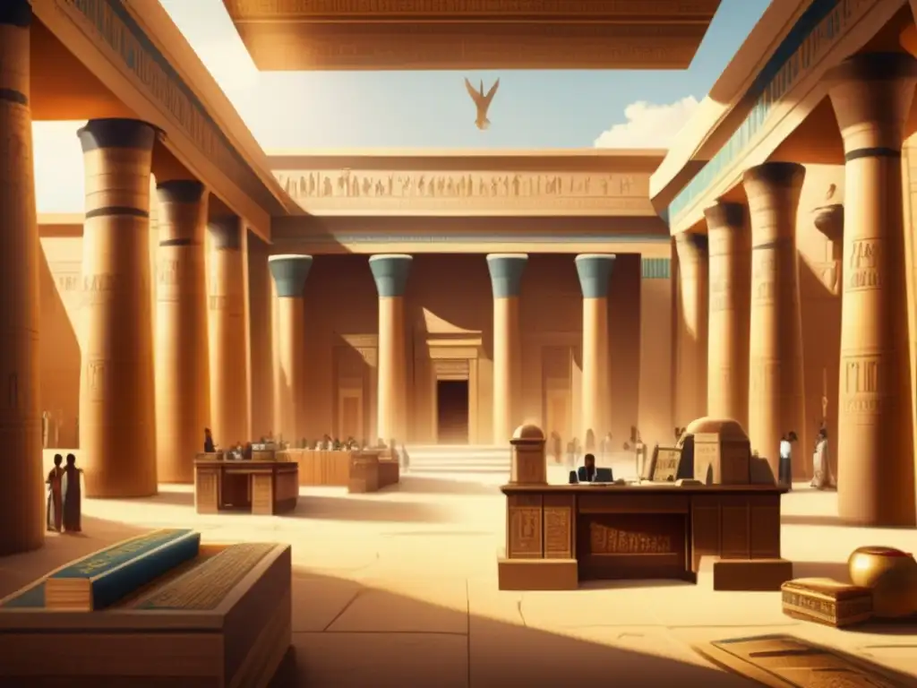 Administración en el Imperio Antiguo Egipto: Oficinas antiguas con columnas de piedra, jeroglíficos y scribes ocupados en tareas administrativas