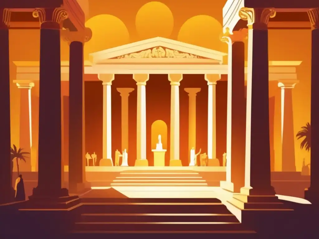 La adoración al Dios Sincrético Serapis se vive en un majestuoso templo, bañado en cálida luz dorada