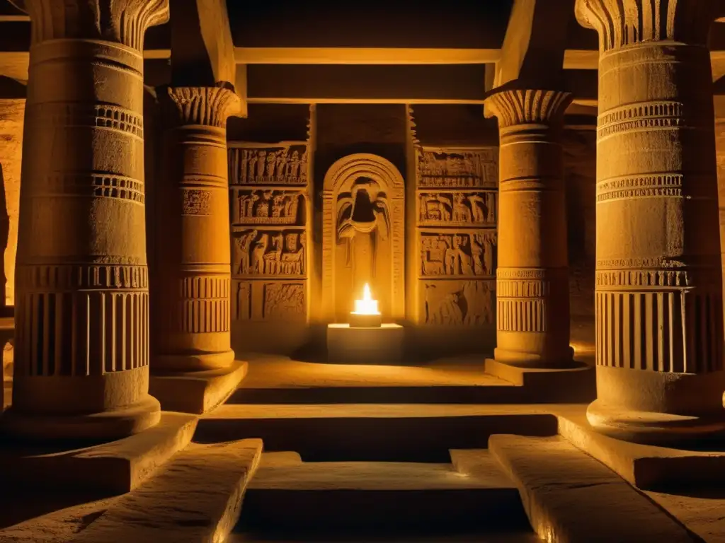 Adoración al Dios Sincrético Serapis en misteriosa cámara subterránea del Serapeum, con pilares de piedra tallados y luz tenue de velas