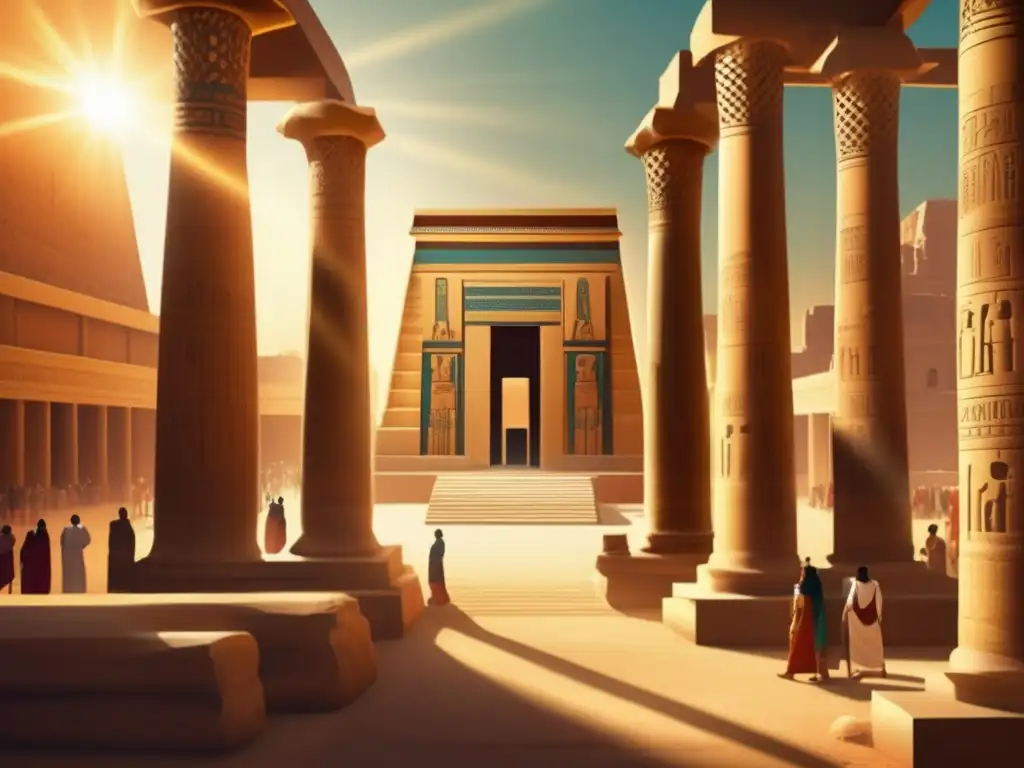 Adoración al Dios Sincrético Serapis: Templo antiguo con columnas majestuosas, rayos de sol cálido y fieles orando en trajes egipcios tradicionales