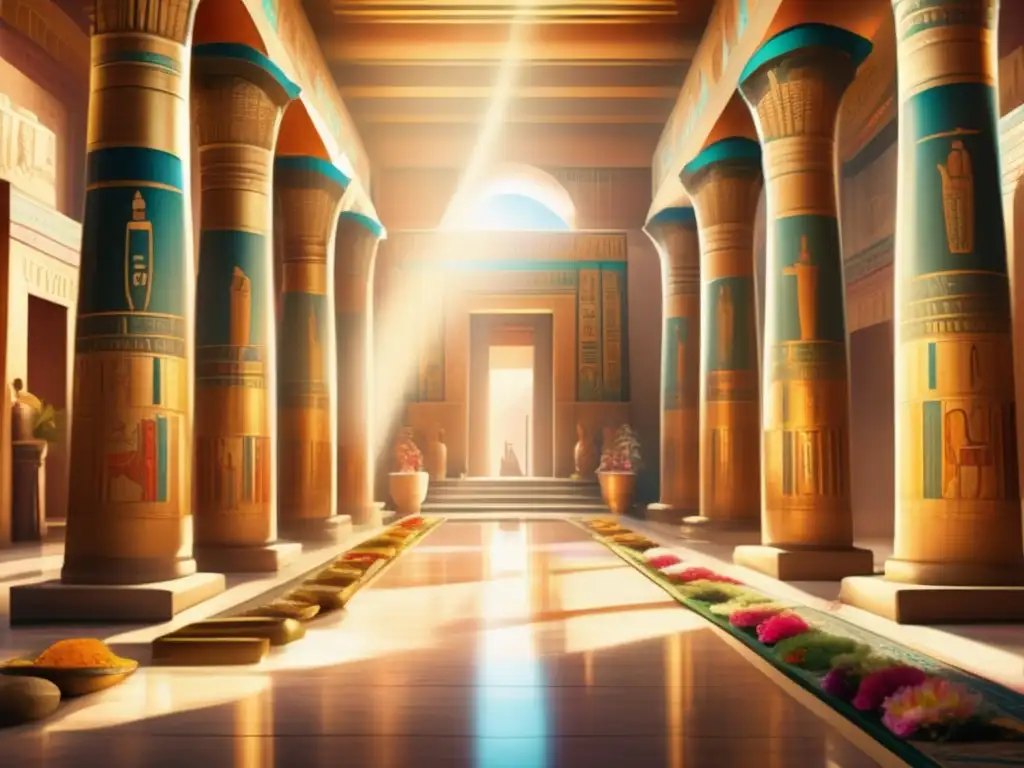 Adoración en Templos Solares Egipto: Un majestuoso templo egipcio con columnas altas, hieroglíficos y murales coloridos