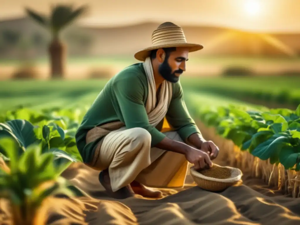 Un agricultor egipcio ancestral siembra con esmero en un campo exuberante