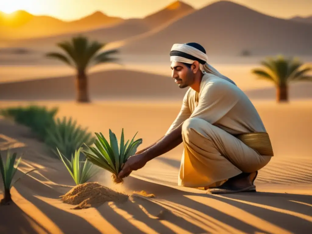 Un agricultor egipcio antiguo cultiva sus campos en el desierto, transmitiendo técnicas de cultivo modernas