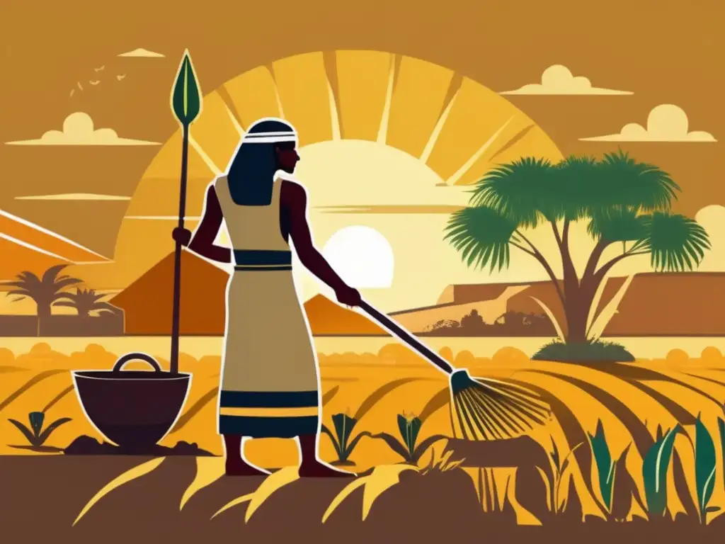 Un agricultor egipcio antiguo cuida con esmero un campo exuberante de cultivos perdidos del Antiguo Egipto