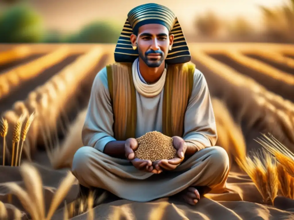 Un agricultor egipcio antiguo, de rodillas en un campo exuberante, sostiene delicadamente semillas preciosas