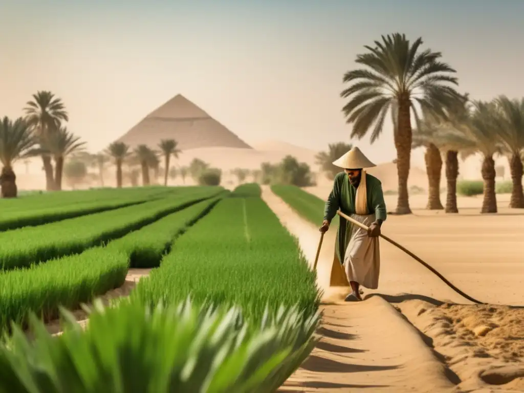 Un agricultor egipcio tradicional, con sombrero de paja y túnicas sueltas, cuida un oasis verde en el desierto