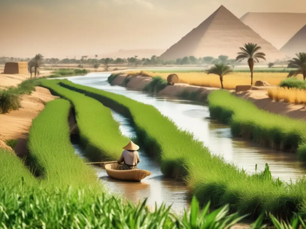 Biodiversidad del Nilo en agricultura egipcia: Detallada imagen del río Nilo fluyendo a través del campo egipcio, rodeado de exuberantes campos de cultivos verdes