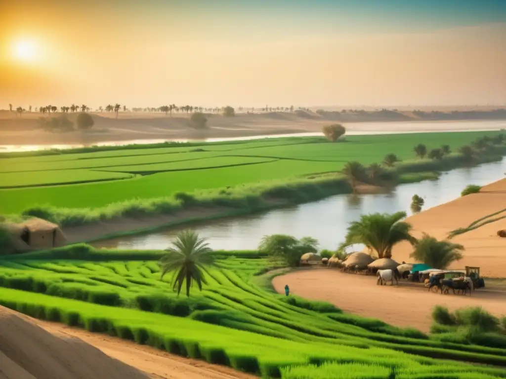 Biodiversidad del Nilo en agricultura egipcia: Un vibrante paisaje vintage muestra un campo verde exuberante junto al poderoso río Nilo en Egipto