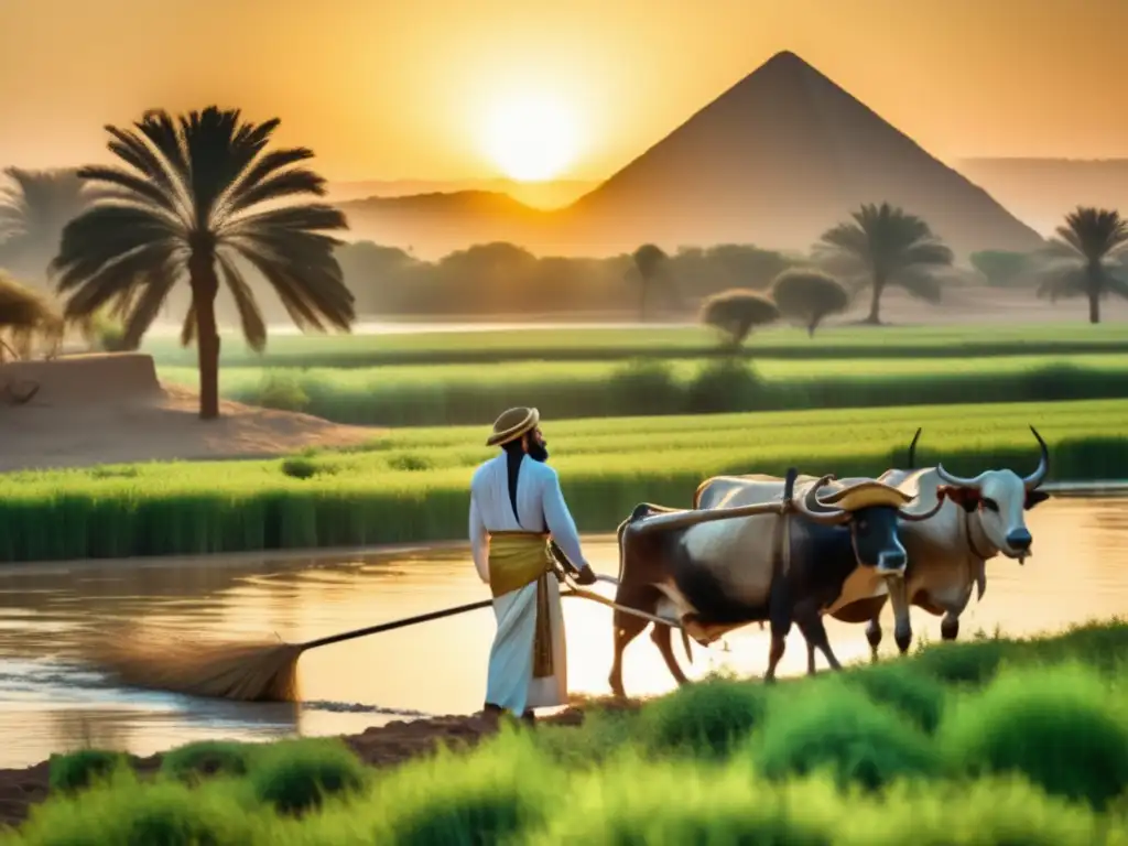 Agricultura en el Imperio Nuevo egipcio: Un antiguo agricultor egipcio atiende sus cultivos en un exuberante campo verde, junto al majestuoso río Nilo