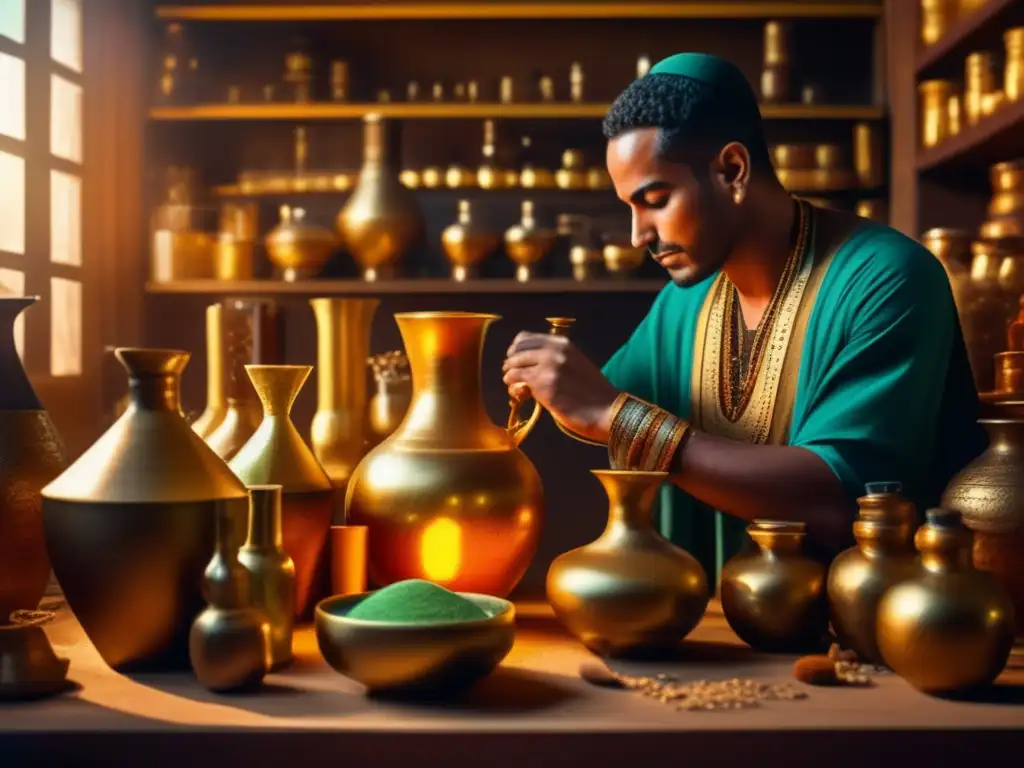 Un alquimista egipcio antiguo trabaja meticulosamente en una habitación tenue, preparando perfumes y ungüentos de cosmética egipcia