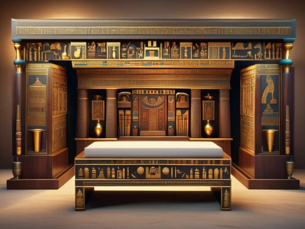 Un altar egipcio antiguo, tallado en madera oscura y adornado con detalles dorados