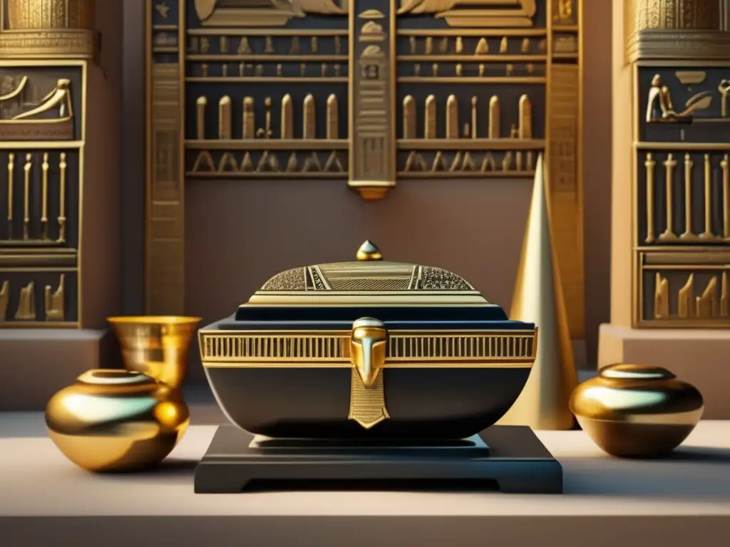 Un altar egipcio vintage deslumbrante con ofrendas toma el centro del escenario