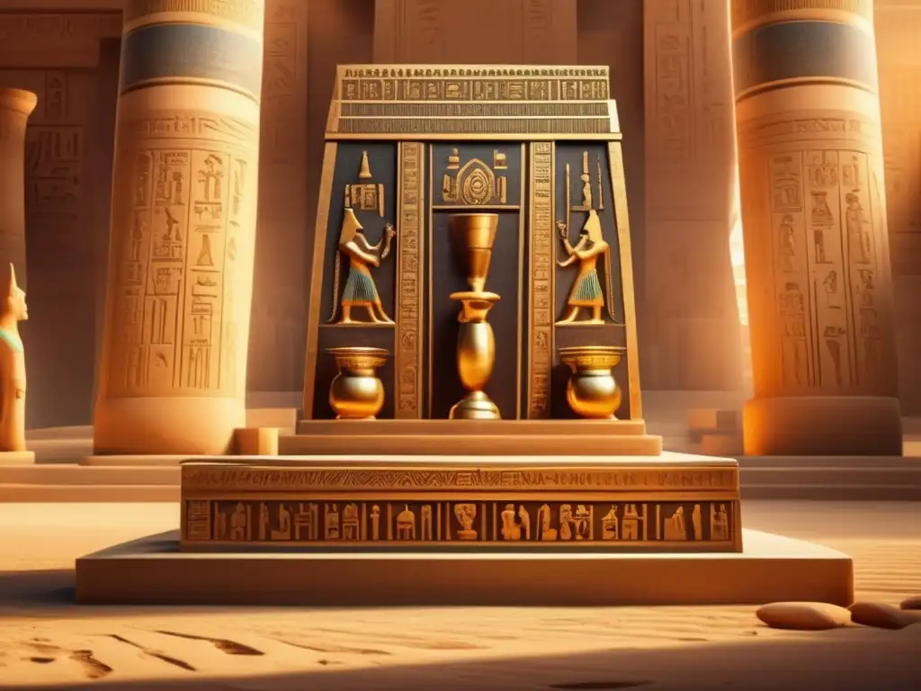 Un altar de piedra bellamente tallado destaca en un antiguo templo egipcio