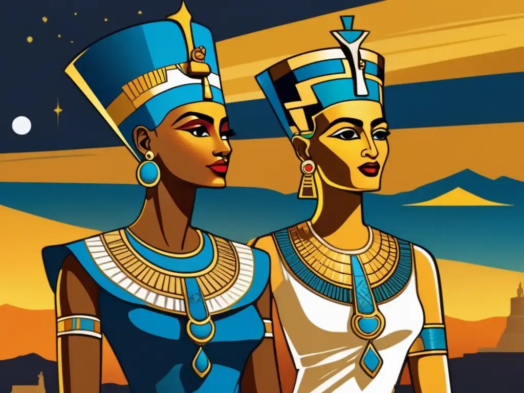 Akenatón y Nefertiti, unidos en visión y amor, en una imagen vintage detallada con el sol poniéndose detrás