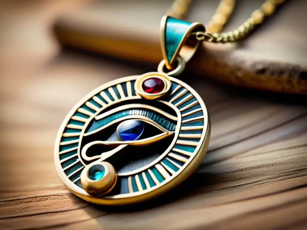 Un amuleto egipcio antiguo y precioso, como el Ojo de Horus o Ankh, suspendido de una cadena delicada