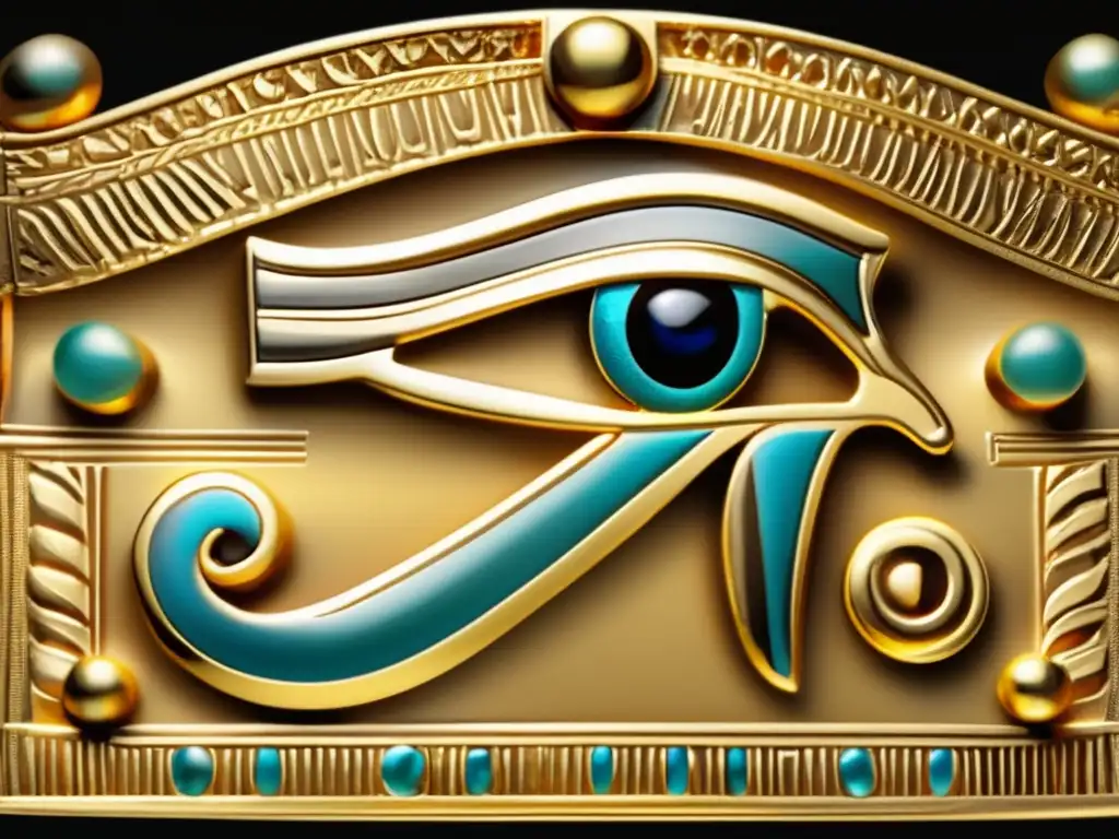 Un amuleto egipcio de oro antiguo, detalladamente elaborado, que muestra el Ojo de Horus