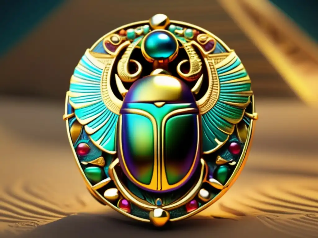 Un amuleto egipcio de protección sobrenatural: un escarabajo adornado con detalle y color, descansando sobre hieroglifos antiguos y seda ricamente coloreada