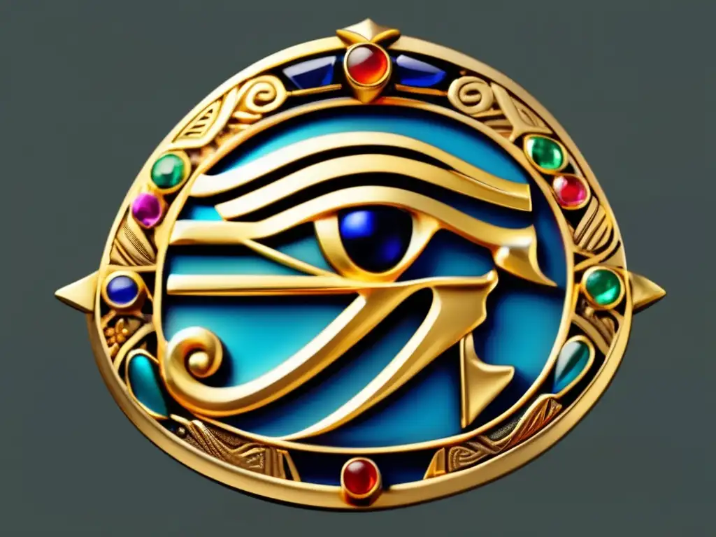 Un amuleto egipcio vintage bellamente conservado, con el Ojo de Horus en oro y gemas vibrantes