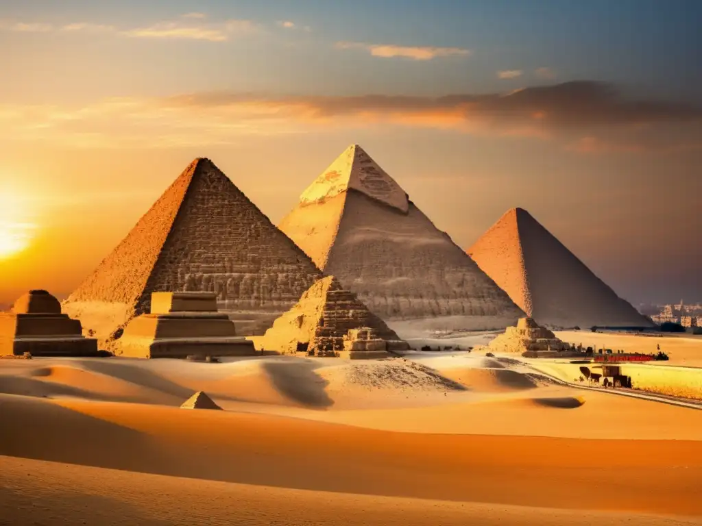 Análisis arquitectónico pirámides de Giza: Los majestuosos monumentos emergen en el desierto, bañados por el cálido resplandor dorado del sol