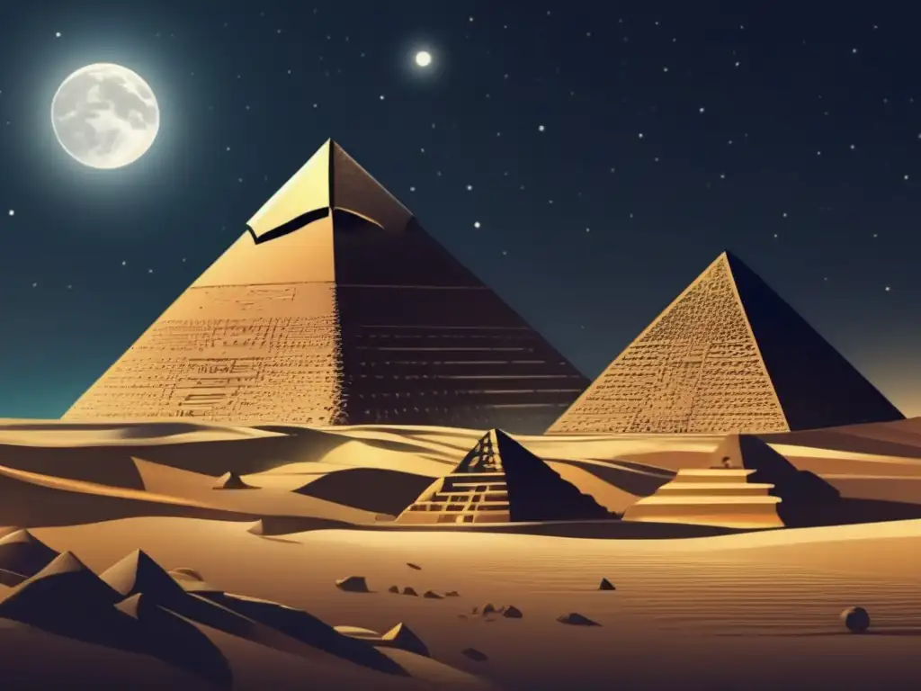 Un análisis arquitectónico de las pirámides de Giza bajo un cielo estrellado, resaltando su grandiosidad y precisión