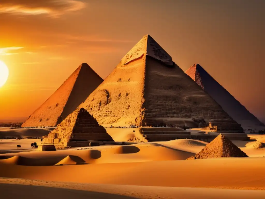 Análisis arquitectónico de las pirámides de Giza en el atardecer, resaltando su majestuosa arquitectura y el paisaje desértico circundante