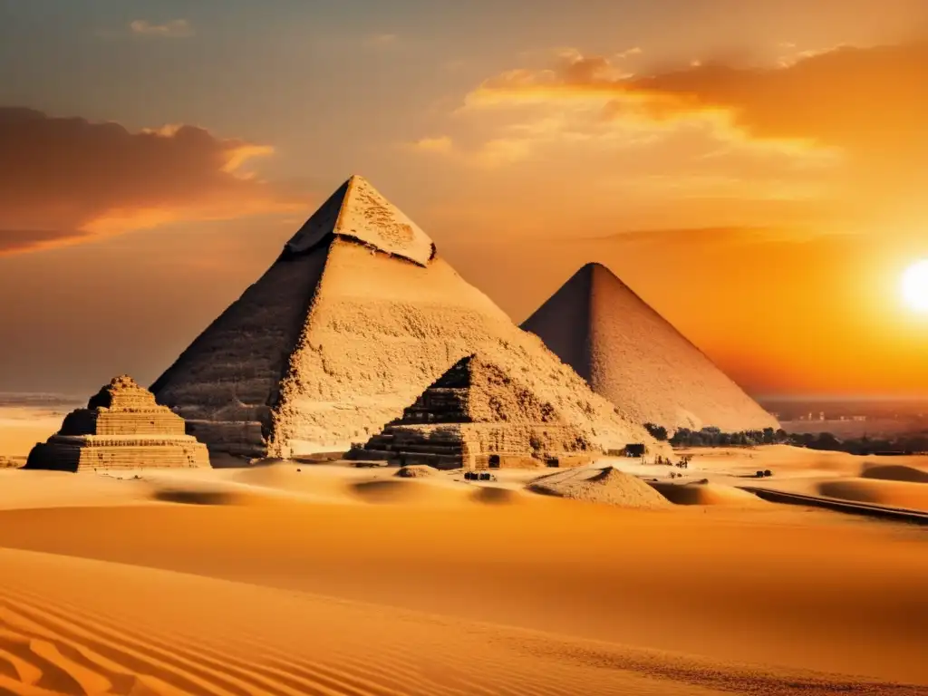 Análisis arquitectónico de las pirámides de Giza al atardecer, destacando su grandiosidad y misterio en una imagen vintage