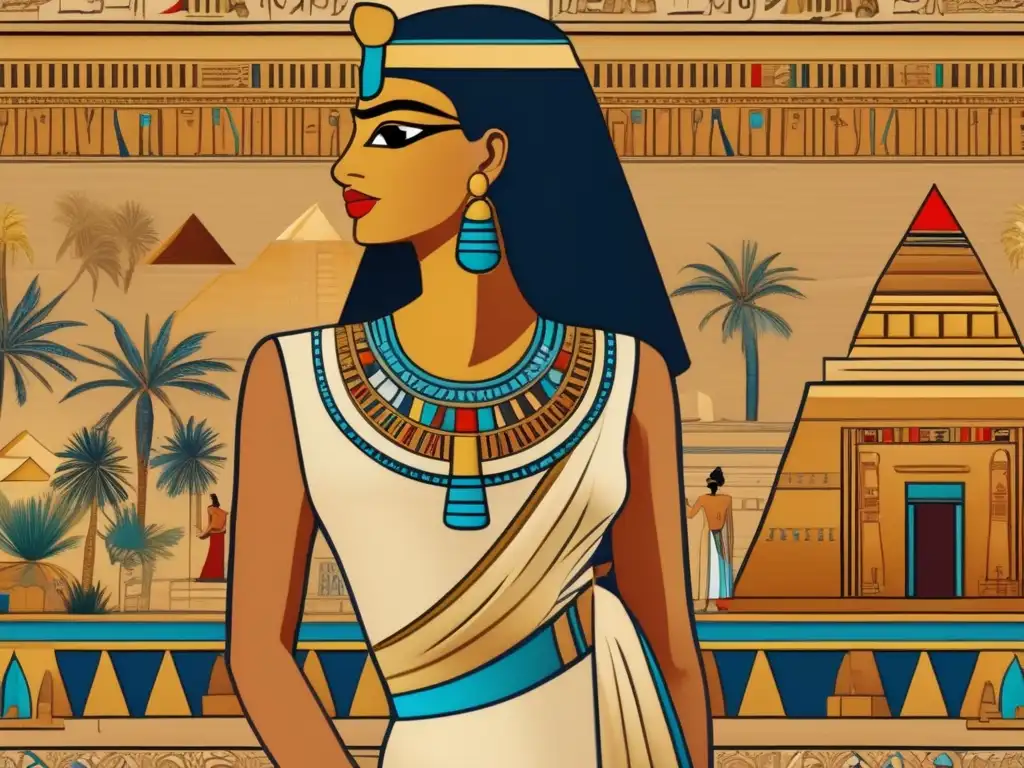 Análisis del atuendo femenino egipcio: Una imagen detallada muestra una mujer egipcia antigua luciendo un vestido de lino intrincadamente elaborado