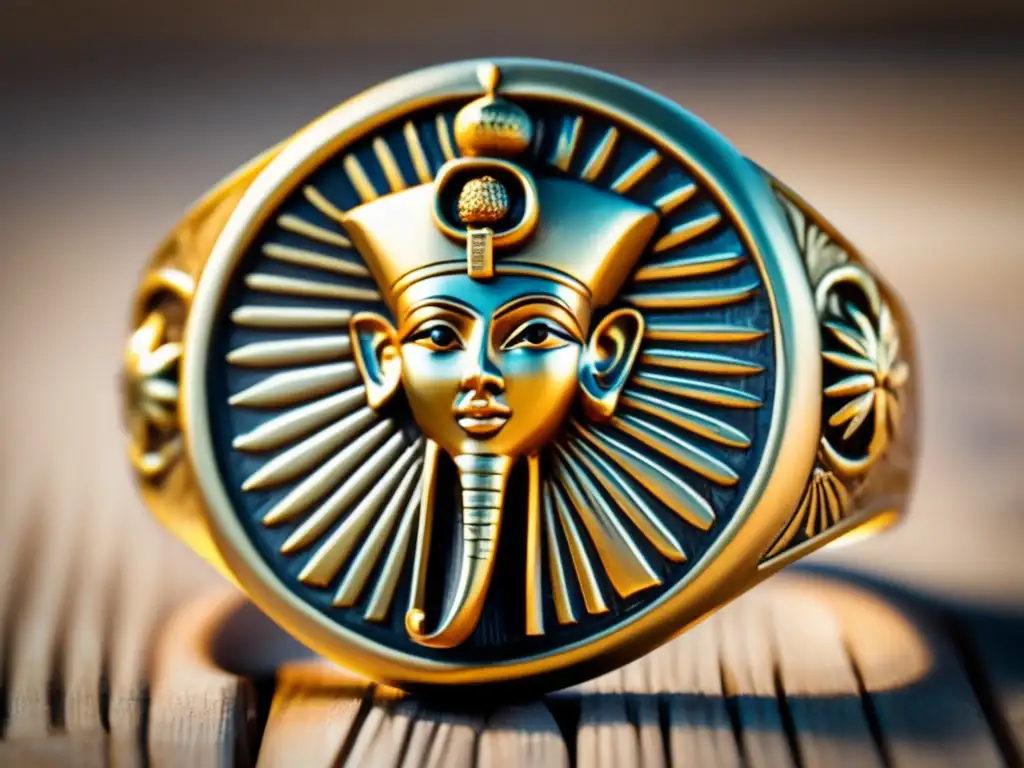 Un anillo de oro con engravings de jeroglíficos, representando el disco solar de Akhenaten