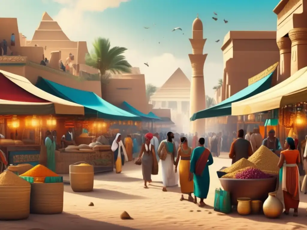 Una animación sobre la civilización egipcia: Mercado bullicioso en el antiguo Egipto, lleno de colores vibrantes y detalles intrincados