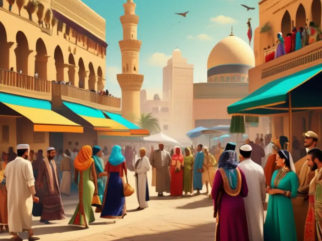Una animada calle de El Cairo muestra la diversidad cultural de Egipto con colores vibrantes y atuendos tradicionales