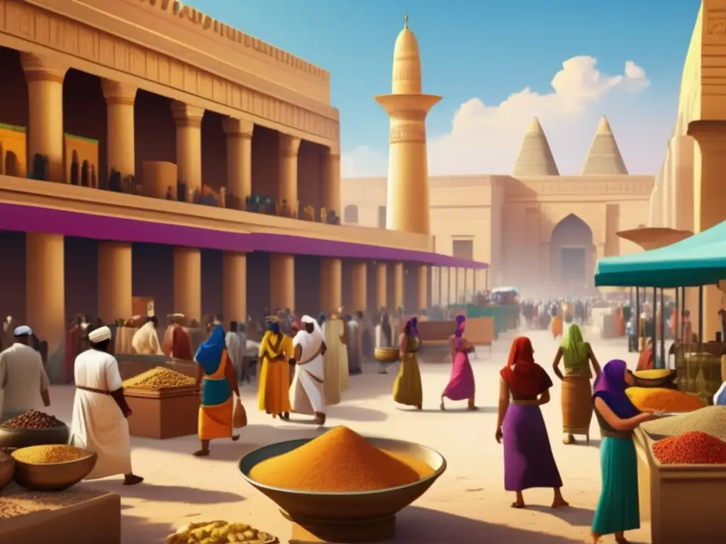 Una animada interacción cultural entre Mesopotamia y Egipto, inmortalizada en una vibrante plaza llena de tesoros exóticos y comercio ancestral