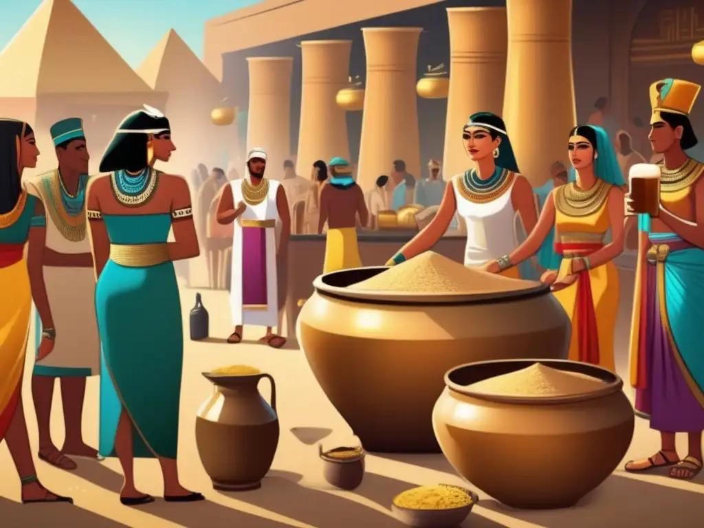 Animada escena en el antiguo Egipto de hombres y mujeres preparando cerveza en coloridos mercados