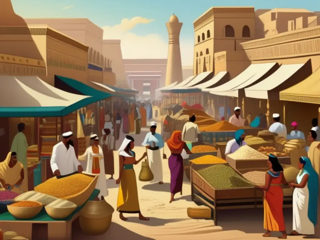 Una animada escena del antiguo Imperio Egipcio, muestra la vida cotidiana y las costumbres del vibrante mercado