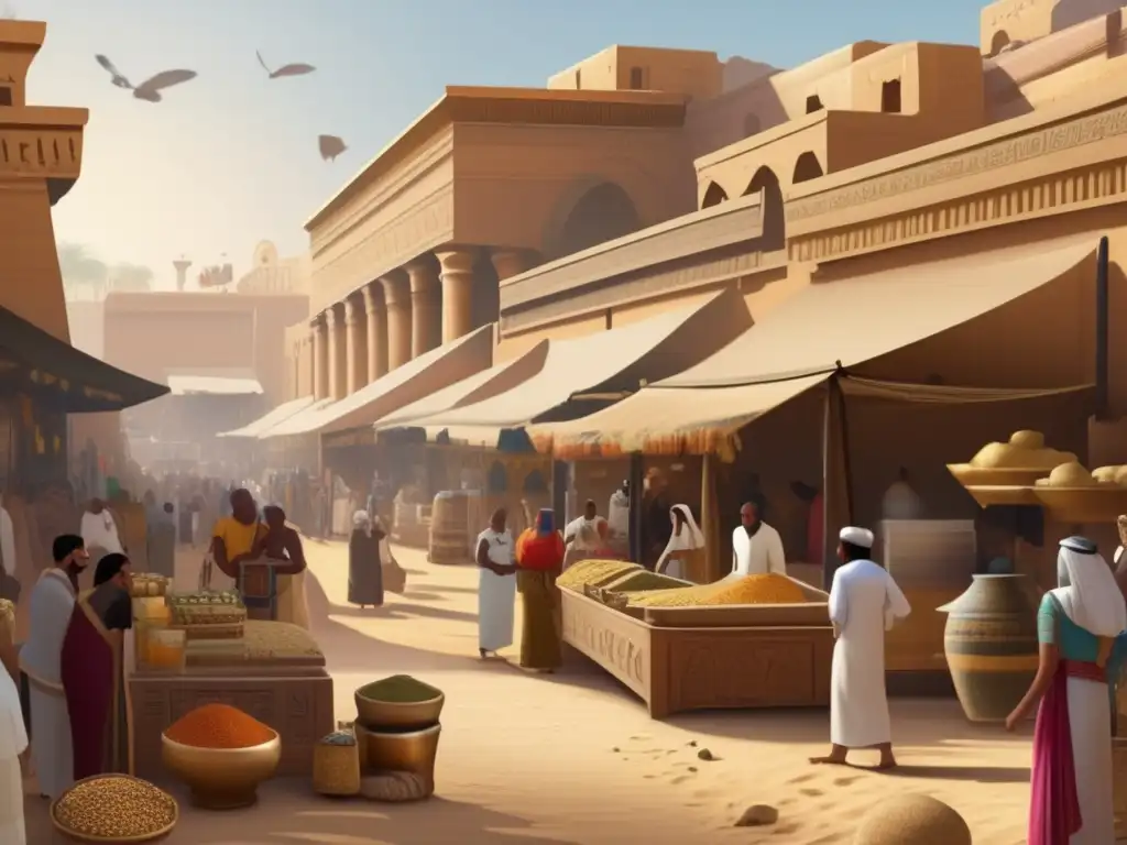 Una animada escena de un antiguo mercado egipcio, lleno de actividad y detalles