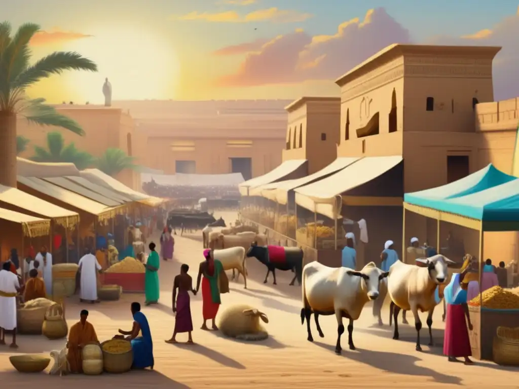 Una animada escena en el antiguo Egipto, resaltando la Ganadería en el mercado, rodeado del río Nilo y colores vibrantes