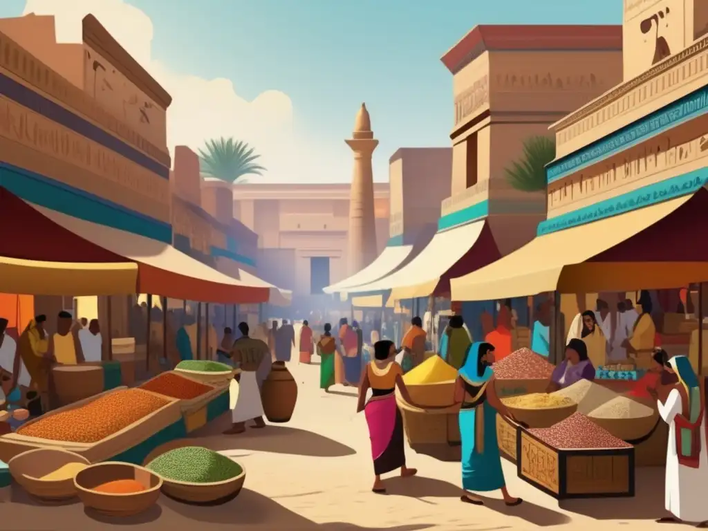 Una animada escena del antiguo mercado egipcio, rebosante de actividad
