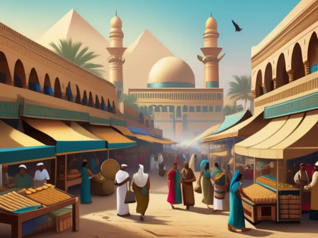 Una animada escena del antiguo mercado egipcio, con mercaderes y clientes rodeados de arquitectura egipcia
