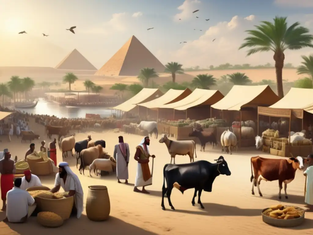 Una animada escena del mercado en el antiguo Egipto, con ganaderos y agricultores comerciando junto al majestuoso río Nilo