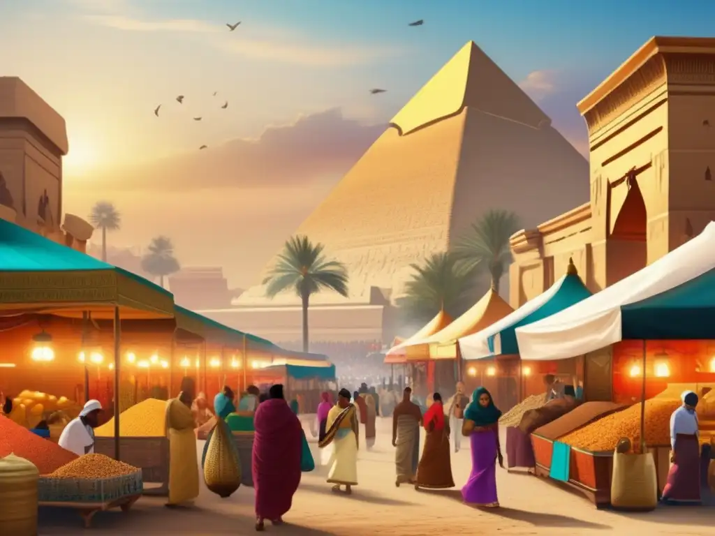 Una animada escena en un mercado antiguo de Egipto con influencia asiática