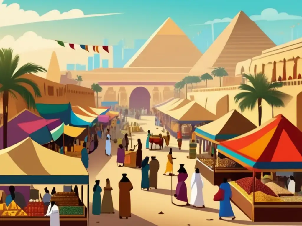 Una animada escena de un mercado bullicioso en el antiguo Egipto, con coloridos puestos y comerciantes vendiendo exóticos productos de Asia