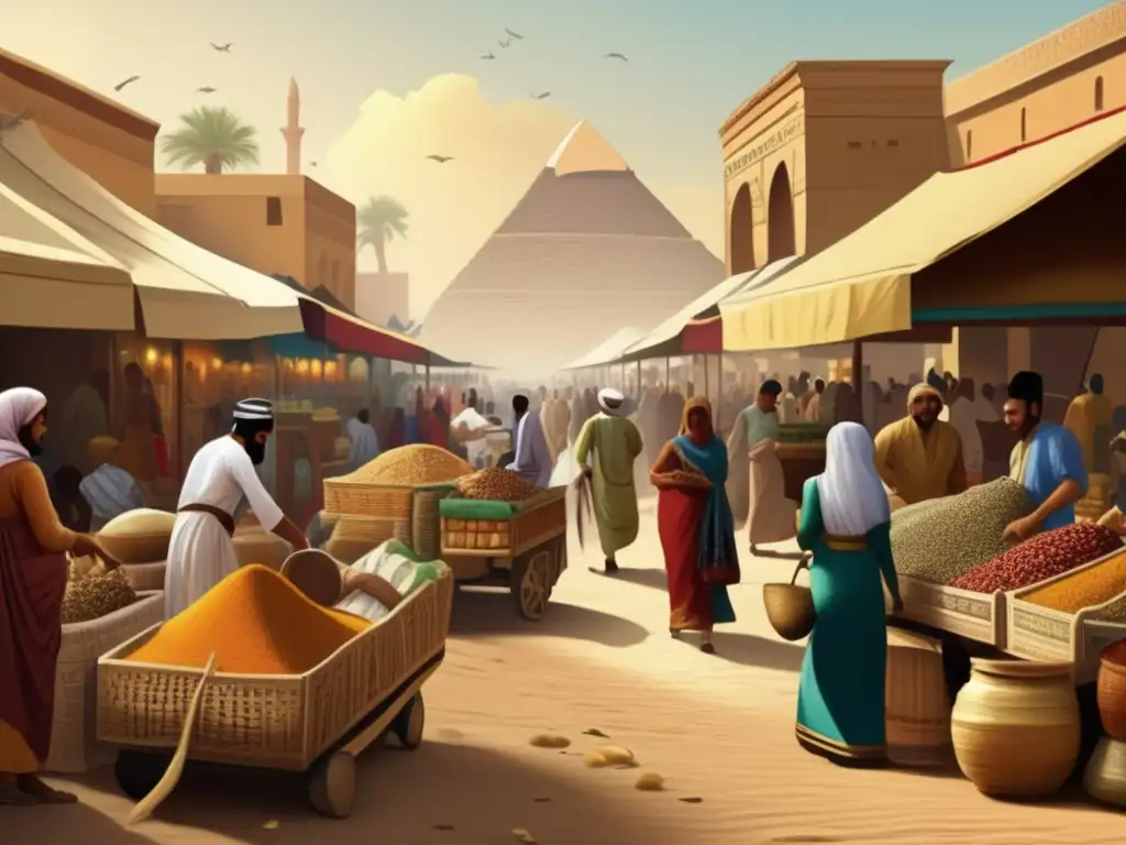 Una animada escena del mercado egipcio durante los tiempos de los faraones