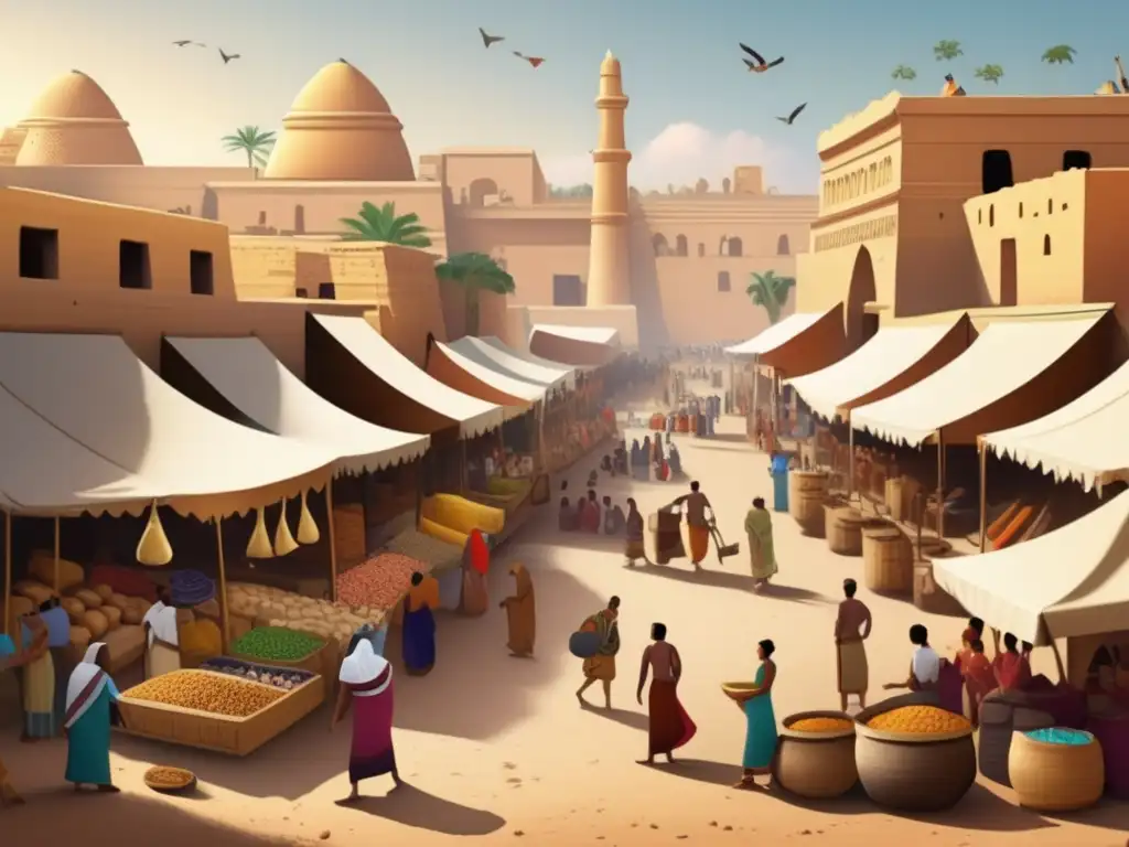 Una animada escena en un mercado del Egipto Predinástico, donde la vida diaria se despliega entre vendedores, compradores y productos variados
