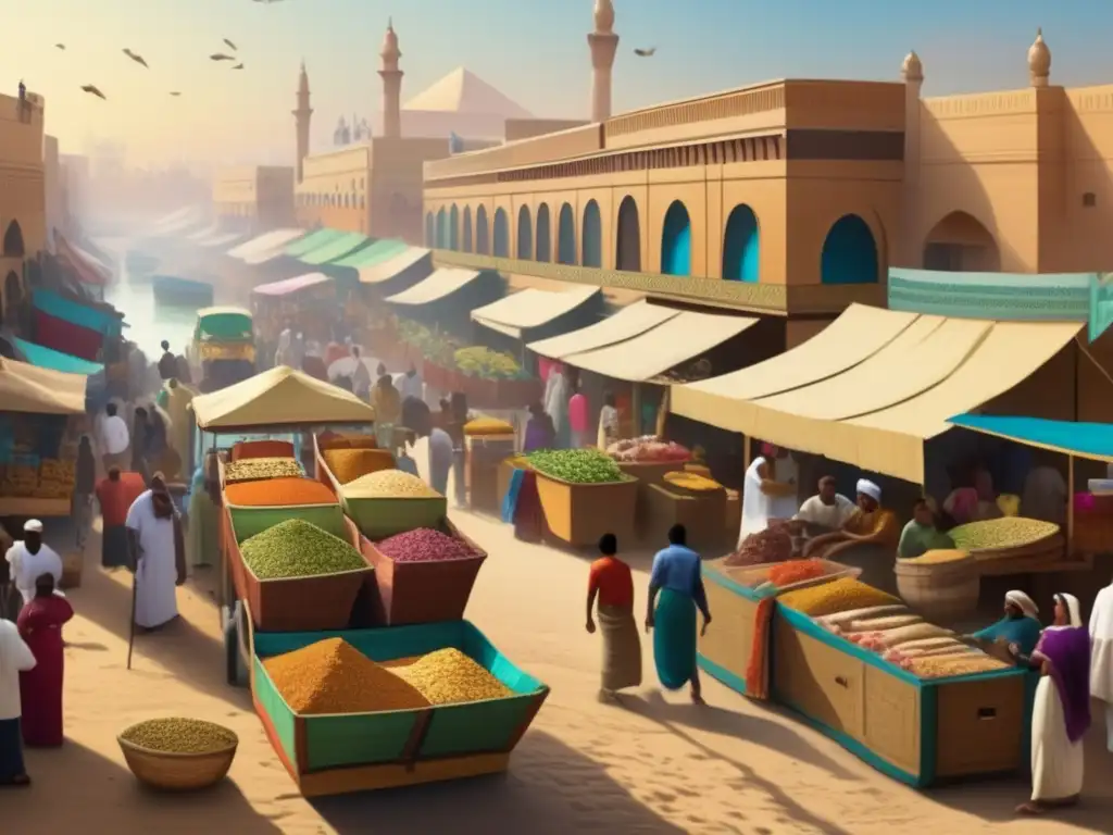 Una animada escena de un mercado tradicional egipcio, repleto de coloridos puestos y el consumo de ictiofauna dieta egipcia