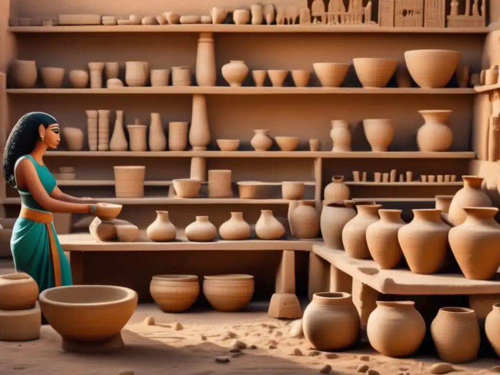 Una animada escena muestra un taller de cerámica egipcia antigua, repleto de actividad