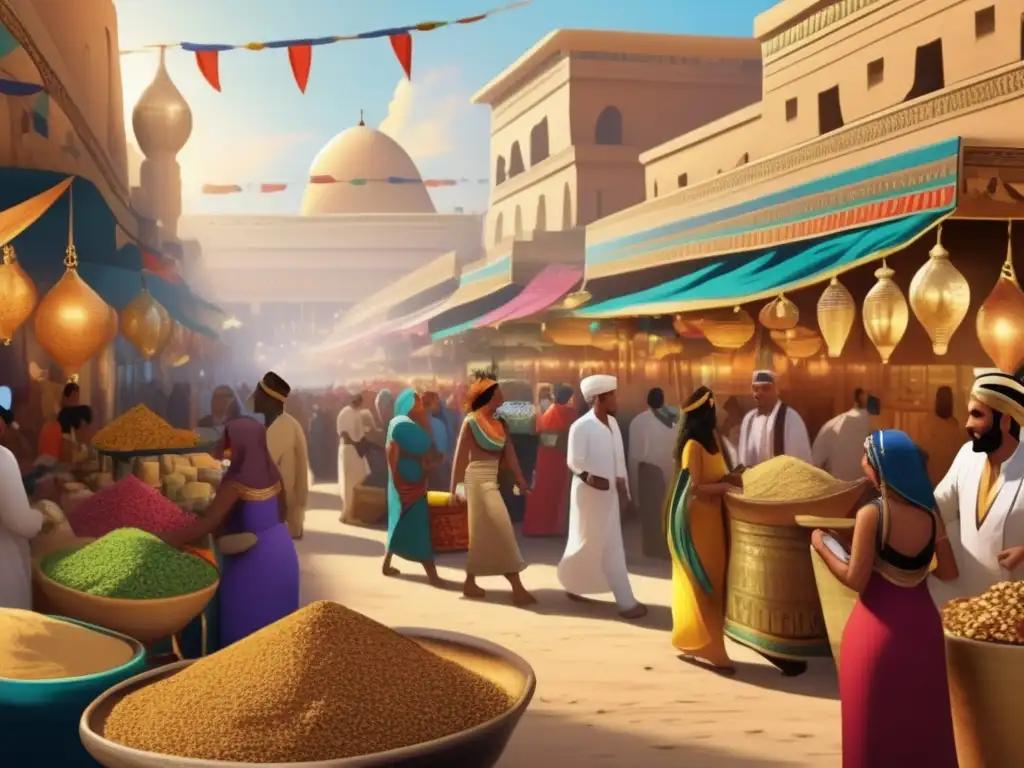 Una animada fiesta en el antiguo Egipto, con un bullicioso mercado lleno de colores vibrantes y detalles intricados