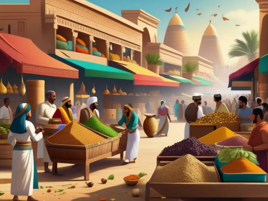 Una animada imagen de un bullicioso mercado egipcio en la antigüedad, lleno de colores vibrantes y actividad