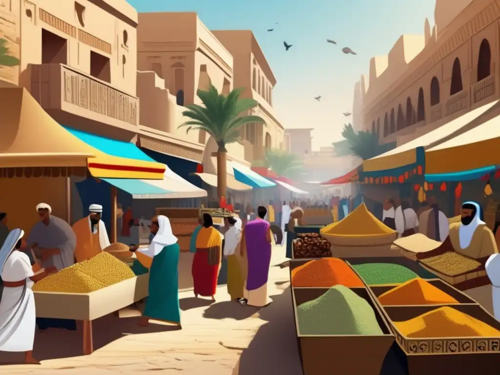 Una animada imagen de un mercado antiguo en el antiguo Egipto durante el Segundo Periodo Intermedio