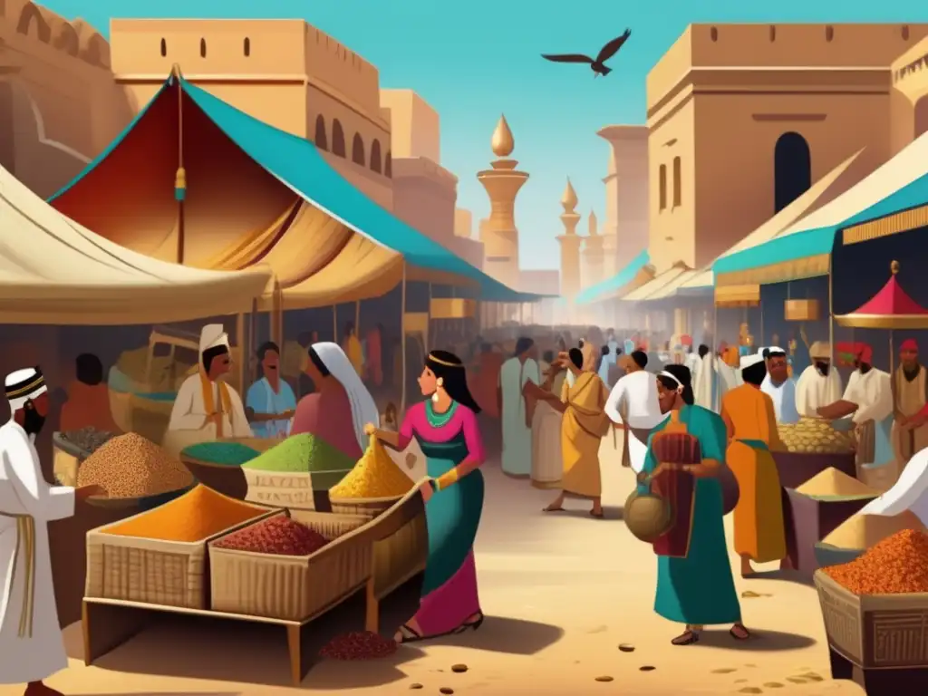 Una animada imagen vintage que retrata un bullicioso mercado en el antiguo Egipto durante el Imperio Medio
