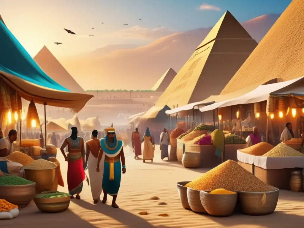 Una animada plaza egipcia del comercio de cereales en Egipto faraónico, rodeada de pirámides imponentes